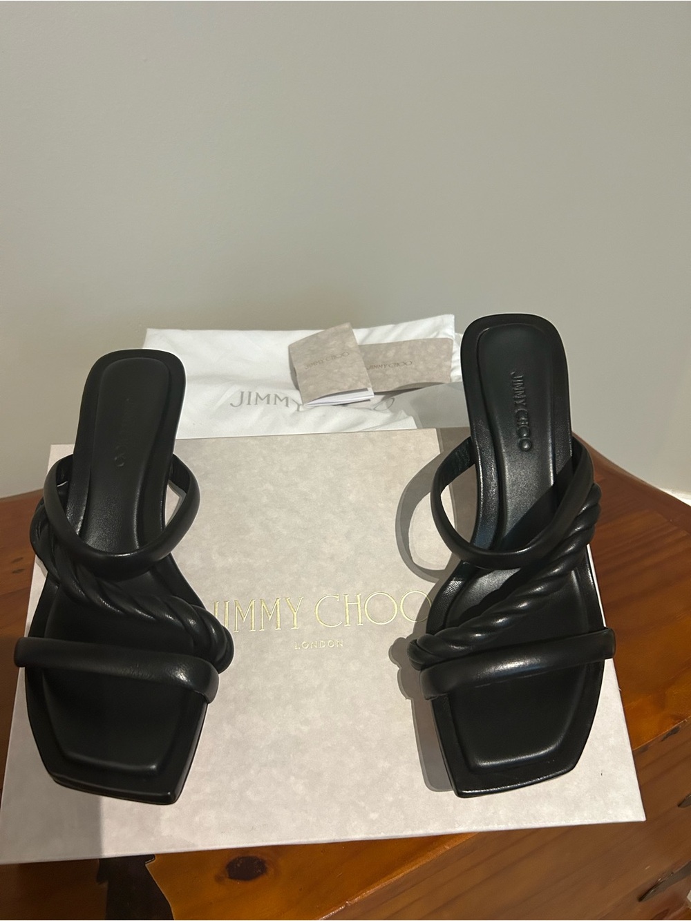 Jimmy Choo Diosa Black Twisted-Strap Square-Toe Slide Mules size 39 1/2